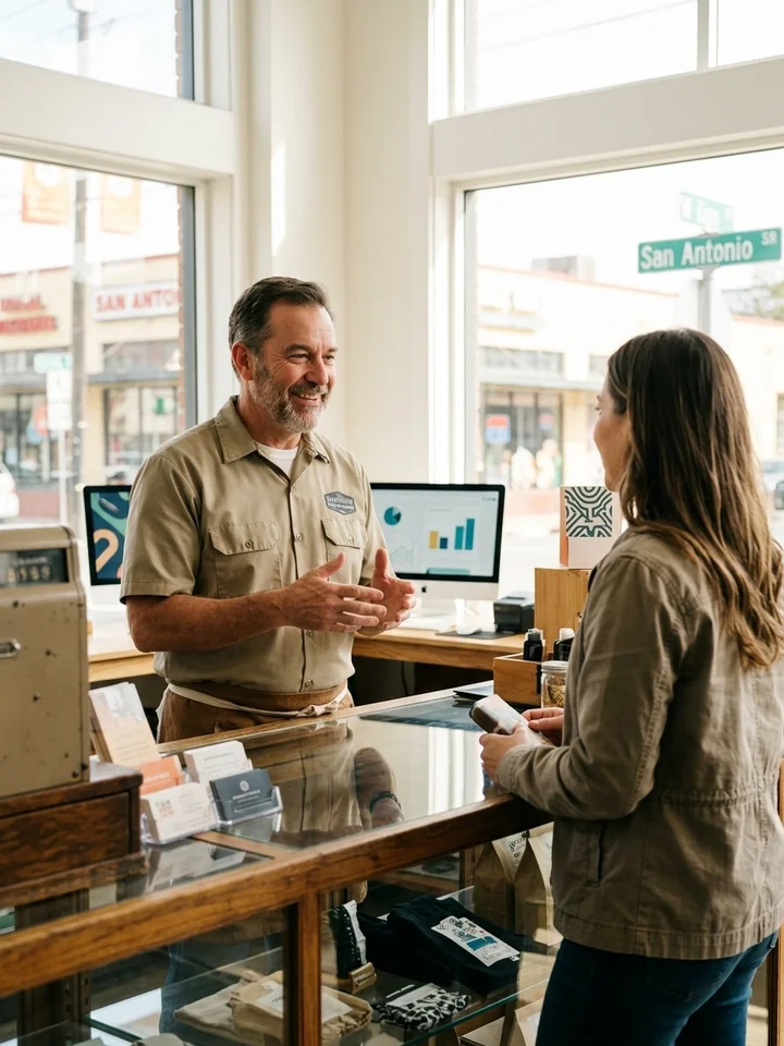 San Antonio small business owner talking with a customer at a service counter in a bright storefront.