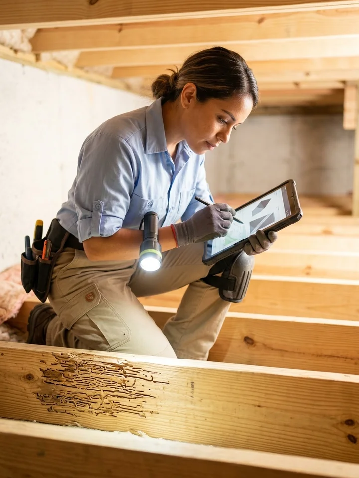 Termite inspector with a flashlight examining structural wood beneath a home.