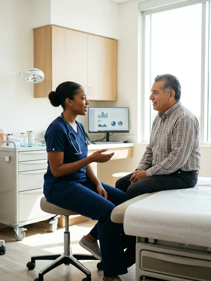 A physician talking with a patient in a bright, modern exam room, unposed and mid-conversation, natural daylight.