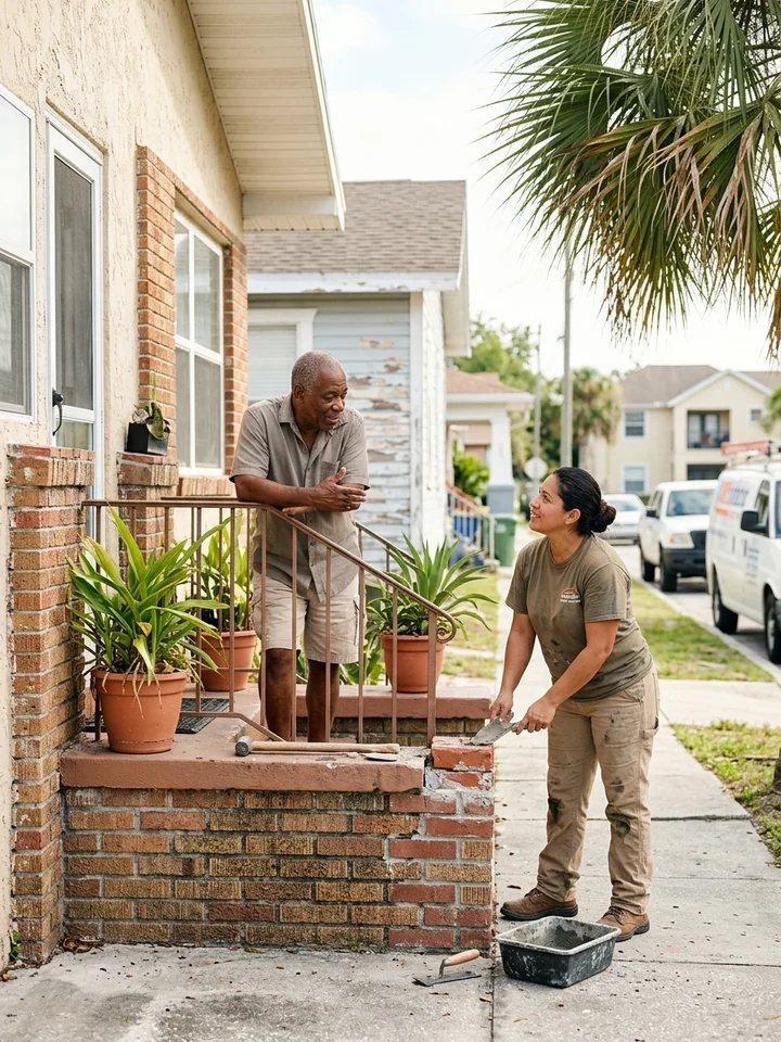 A tradesperson working at the front of a Philadelphia rowhome while a neighbor talks with them from the adjoining stoop.