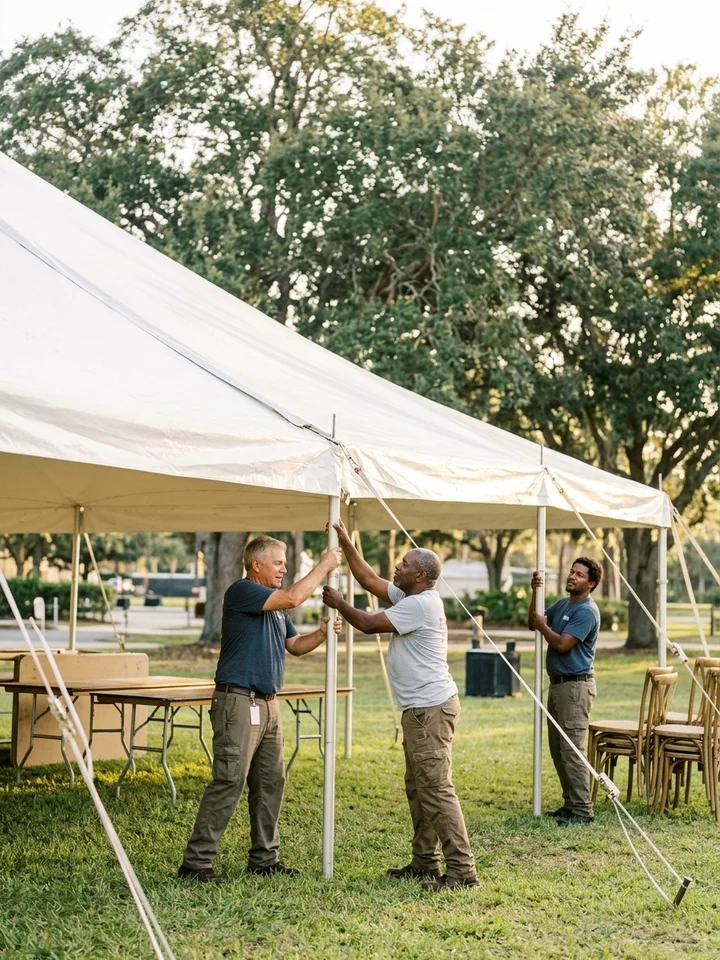 Event rental crew raising a large white marquee tent on a lawn at golden hour.