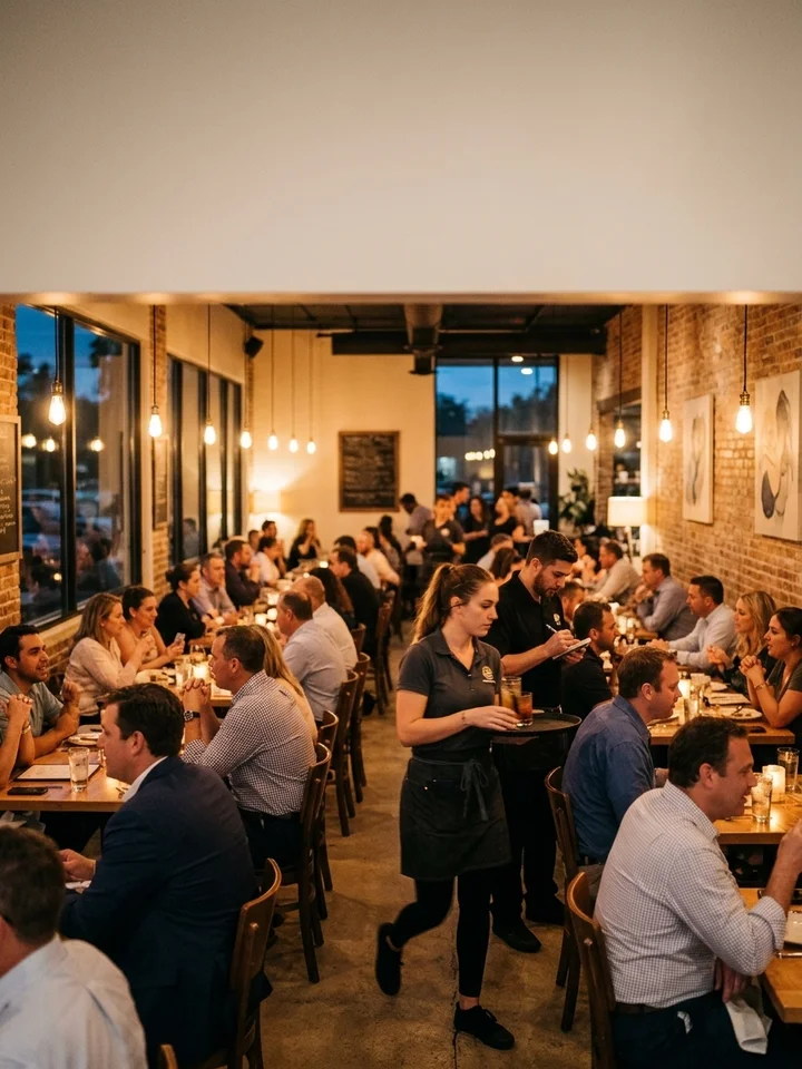 Warmly lit hospitality venue at full service in the evening, staff moving between occupied tables.