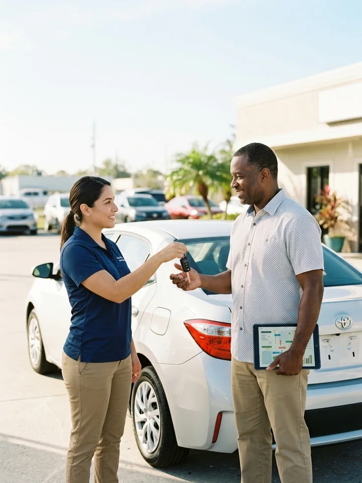Rental agent handing keys to a customer beside a clean compact car on a sunlit lot, paperwork completed on a tablet.