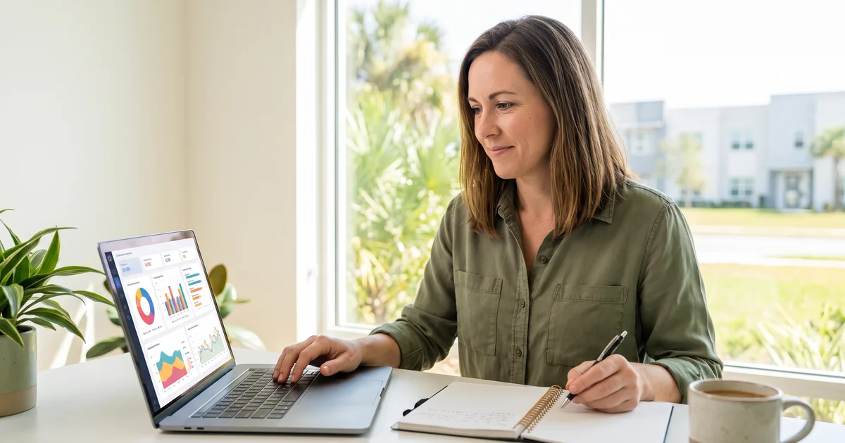 A marketing strategist reviewing search performance dashboards on a laptop, taking notes by hand in a daylit workspace.