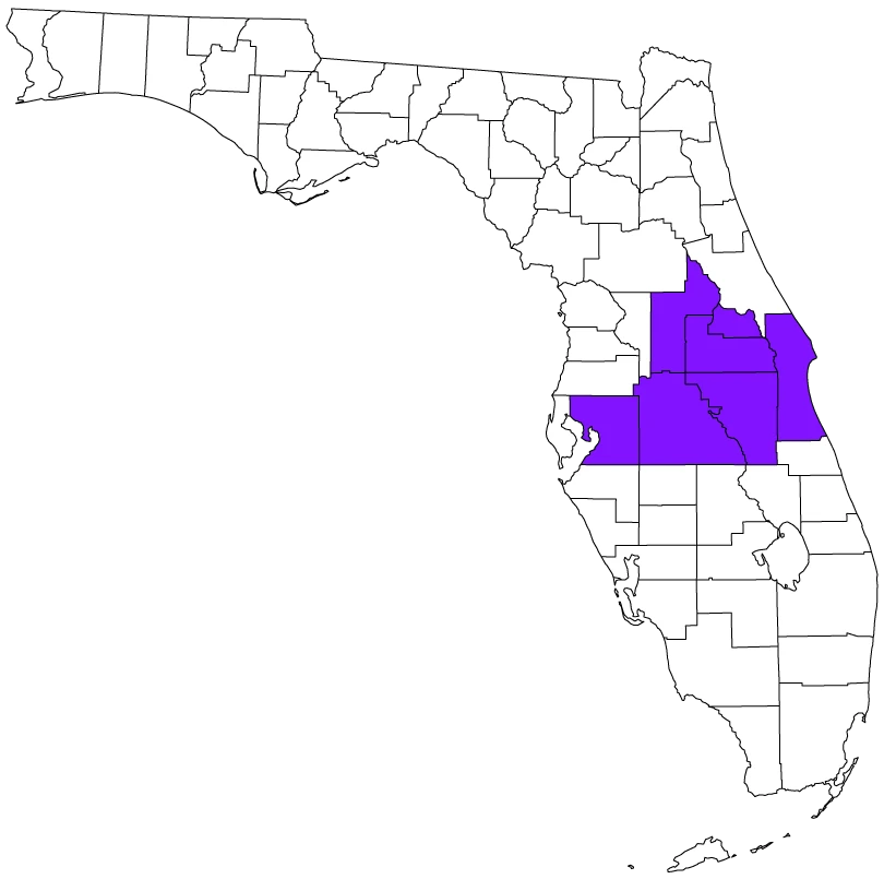 Map of Florida with Brevard, Lake, Orange, Osceola, Polk, and Seminole counties shaded in purple.