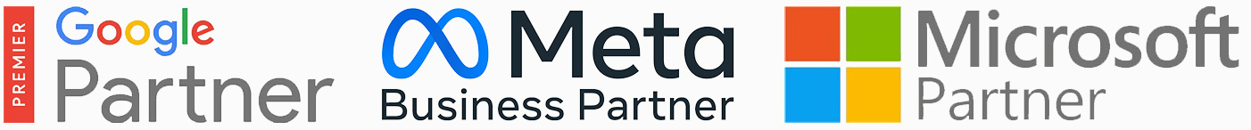 Google Partner, Meta Business Partner, and Microsoft Advertising Partner certification badges.